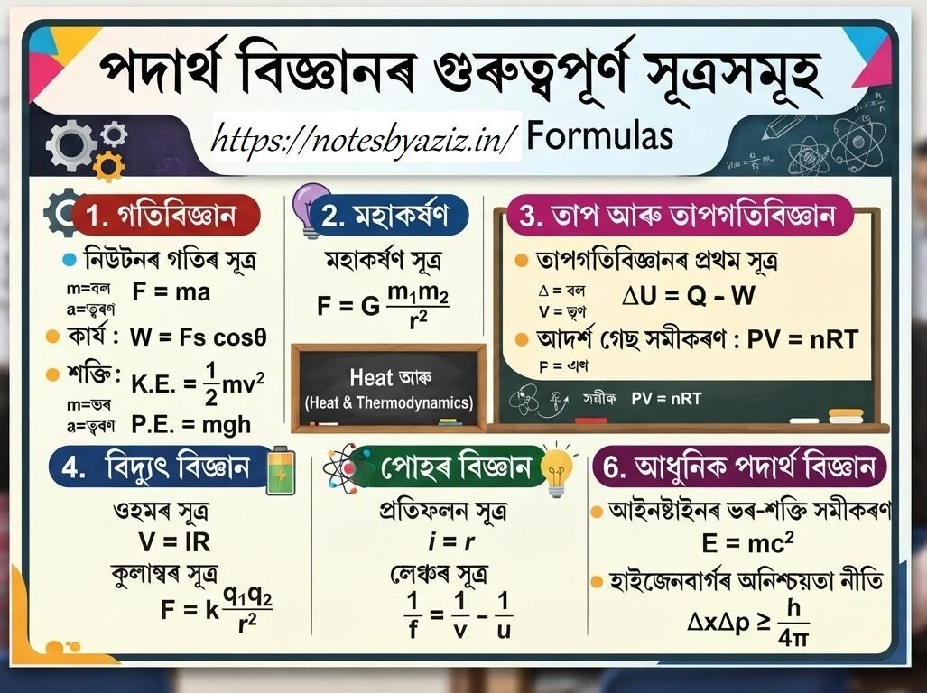 Physics Formulas (পদাৰ্থ বিজ্ঞানৰ সূত্ৰৰ তালিকা) for Class 11 and Class 12